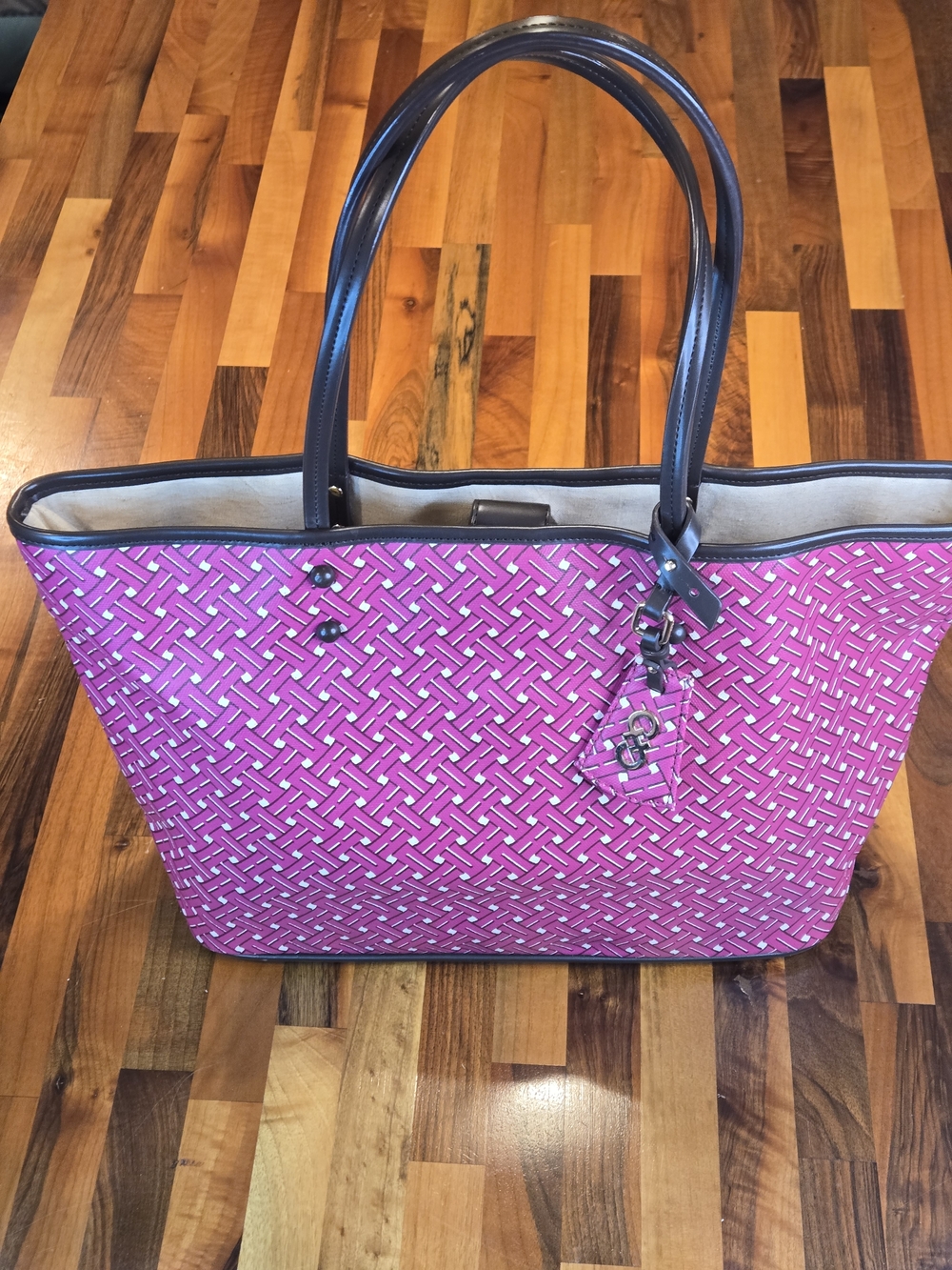 Cole Haan Woven Geometric Tote – Fuchsia & Dark Brown